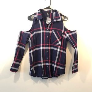 Blue Plaid Shirt w/ Shoulder Cutouts